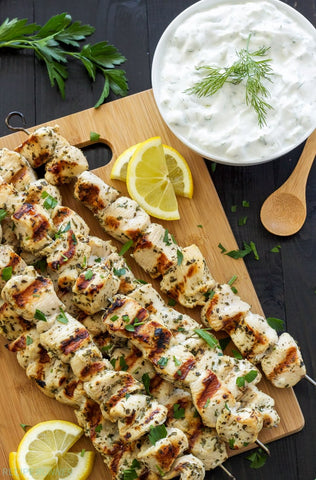 Monday (4/29): Greek Chicken Kabobs (deconstructed) with Tzatziki Sauce, Slow-Roasted Lemon Potatoes and Mediterranean Roasted Vegetables with Basil Oil (Gluten-Free)