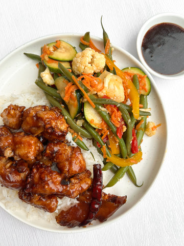 Tuesday (5/7): General Tso's Chicken with Coconut Jasmine Rice and Asian-Sesame Marinated Crunchy Vegetables (Gluten-Free, Dairy-Free)