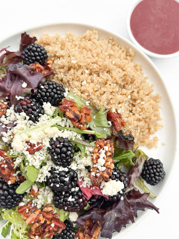 Monday (4/29): Black & Blue Spring Salad with Honey-Roasted Pecans & Berry-Balsamic Vinaigrette with a Scoop of Quinoa (Gluten-Free)