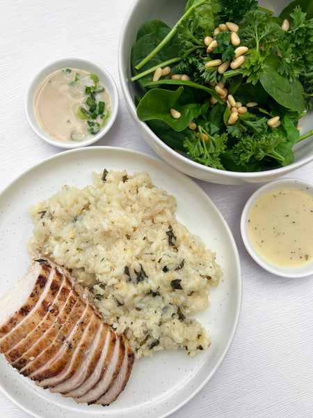 Monday (10/20): Grilled Chicken Breast with Lemon-Basil Vinaigrette, Lemon Pecorino Risotto, and a Spinach-Parsley Salad with Pine Nuts & a Tahini Dressing (Gluten-Free)