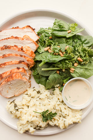 Monday (5/6): Grilled Chicken Breast with Lemon-Basil Vinaigrette, Lemon Pecorino Risotto, and a Spinach-Parsley Salad with Pine Nuts & a Tahini Dressing (Gluten-Free)