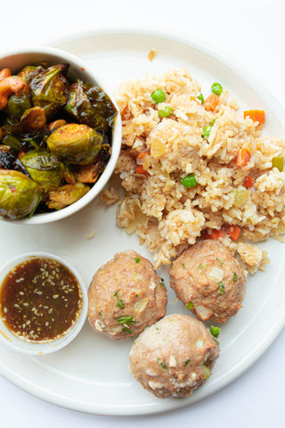 Wednesday (5/1): Asian Turkey Meatballs with Sesame-Lime Dipping Sauce, Jasmine "Fried Rice", and Kung Pao Brussels Sprouts (Gluten-Free, Dairy-Free)