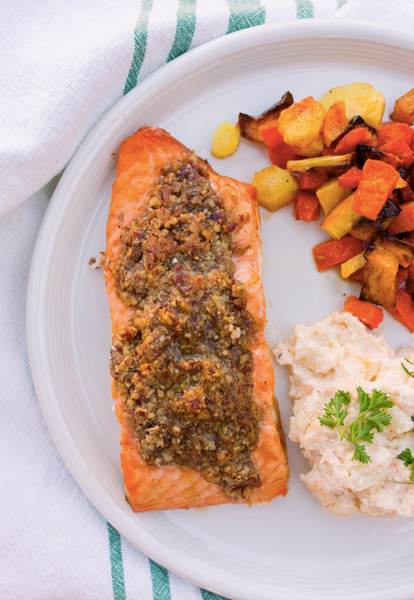 Thursday (9/28): Pecan Crusted Honey-Bourbon Salmon, Cauliflower Goat Cheese Gratin, and Maple-Roasted Vegetables (Gluten-Free)