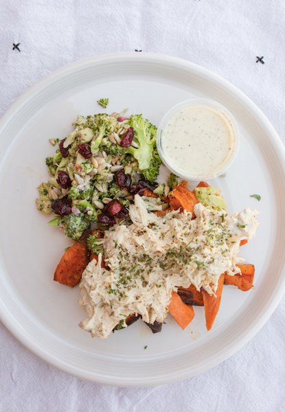 Thursday (6/1): Pulled Chicken over Sweet Potato Fries with Alabama White BBQ Sauce and our Famous Broccoli Salad (Paleo, Gluten-Free, Dairy-Free)