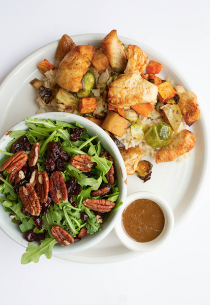 Wednesday (9/27): Chicken, Apple, Sweet Potato & Brussels Sprouts Skillet, Brown Rice, and an Arugula Side Salad with Cranberries & Pecans + Balsamic Vinaigrette (Gluten-Free, Dairy-Free)