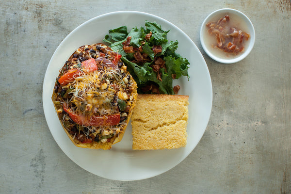 Thursday (9/28): Spaghetti Squash Turkey Burrito Bowl with a Kale-Bacon Salad, Bacon Vinaigrette, and Homemade Cornbread