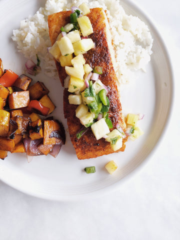 BBQ Salmon with Jalapeño-Pineapple Salsa, Jasmine Rice, and Roasted Vegetables (Gluten-Free)