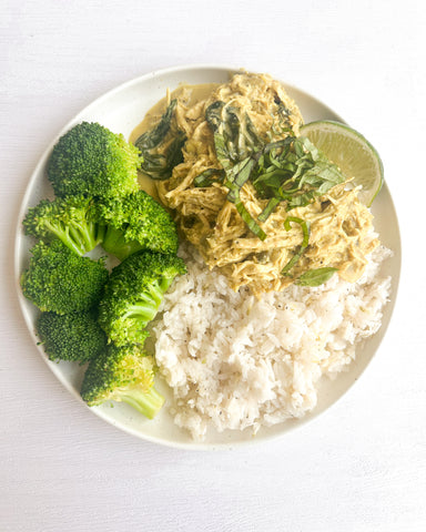 Wednesday (6/18): Thai Basil Chicken with Coconut-Curry Sauce, Creamy Coconut-Lime Jasmine Rice and Steamed Fresh Broccoli (Gluten-Free, Dairy-Free)