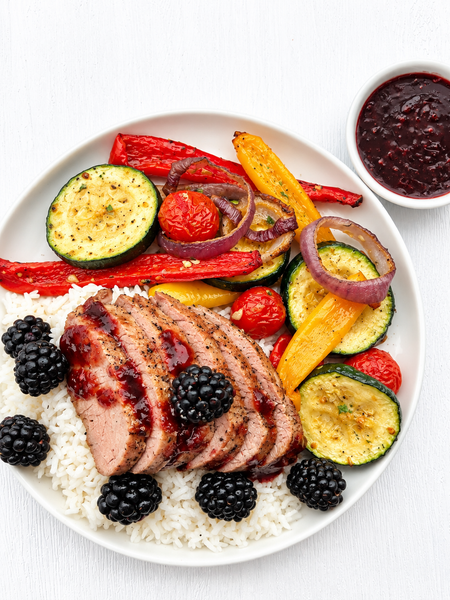 Seared Pork Tenderloin with Blackberry Chipotle BBQ Sauce, Summer Roasted Vegetables, and Jasmine Rice (Gluten-Free, Dairy-Free)