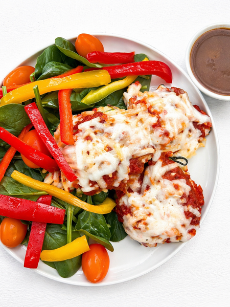 Thursday (7/16): Turkey-Zucchini Ravioli with Spinach-Bell Pepper Salad and Balsamic Vinaigrette (Gluten-Free, Dairy-Free)