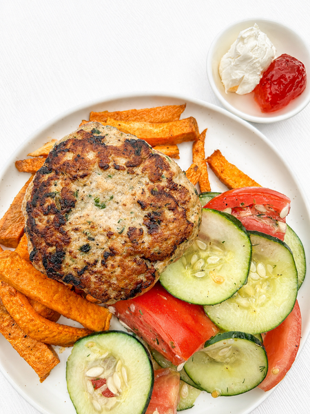 Wednesday (8/26): Turkey Burgers with Cream Cheese & Pepper Jelly, Sweet Potato Fries, and a Tomato-Cucumber Salad with Fresh Dill & a Lemon Vinaigrette (Gluten-Free)