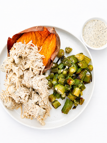 Wednesday (8/26): Shredded Chicken Stuffed Sweet Potato with Alabama White BBQ Sauce and "Fried" Sliced Okra (Gluten-Free, Dairy-Free)