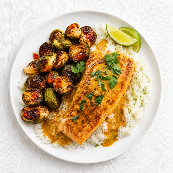 Creamy Coconut Curry Salmon, Coconut-Lime Jasmine Rice, and Sriracha Sweet-Chile Roasted Brussels Sprouts (Gluten-Free, Dairy-Free)