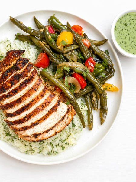 Monday (10/5): Peruvian BBQ Chicken with Green Sauce, Cilantro-Lime Jasmine Rice and Ginger-Sesame Green Beans (Gluten-Free, Dairy-Free)