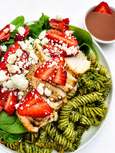 Strawberry-Spinach Salad with Grilled Chicken & Strawberry-Balsamic Vinaigrette + Basil Pesto Spiral Pasta