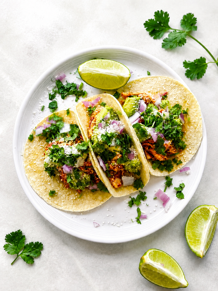 Chicken Tinga Tacos with Avocado, Cilantro, Red Onion, Cotija & Lime, Warm Chipotle-Lime Sweet Potato Salad, and an Arugula Salad with Citrus-Cumin Vinaigrette (Gluten-Free)