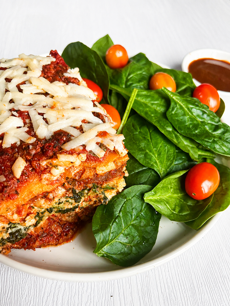 Sweet Potato Lasagna with a Spinach-Cherry Tomato Salad and Homemade Balsamic Vinaigrette (Gluten-Free, Dairy-Free)