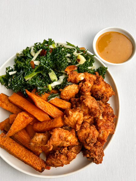 Wednesday (8/12): Gluten-Free Chicken Nuggets (Fast Food Fix) with "Chick" Sauce, Sweet Potato Fries and Kale Crunch Salad (Gluten-Free, Dairy-Free)