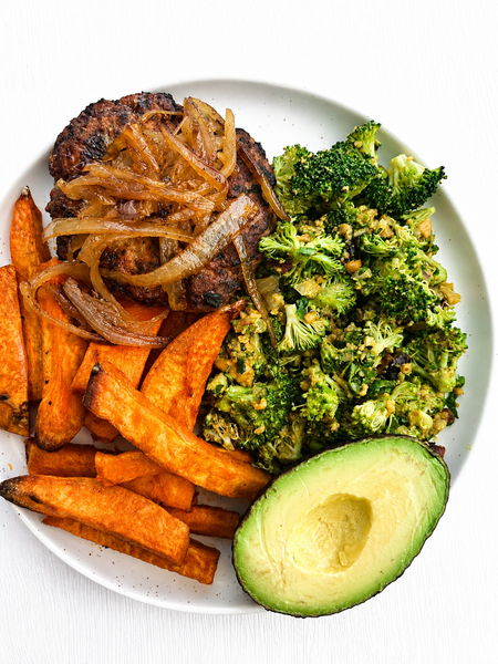 Wednesday (8/19): Turkey Burgers with Caramelized Onions & Avocado, Broccoli Salad with Cashew Curry Dressing, and Sweet Potato Fries (Gluten-Free, Dairy-Free)