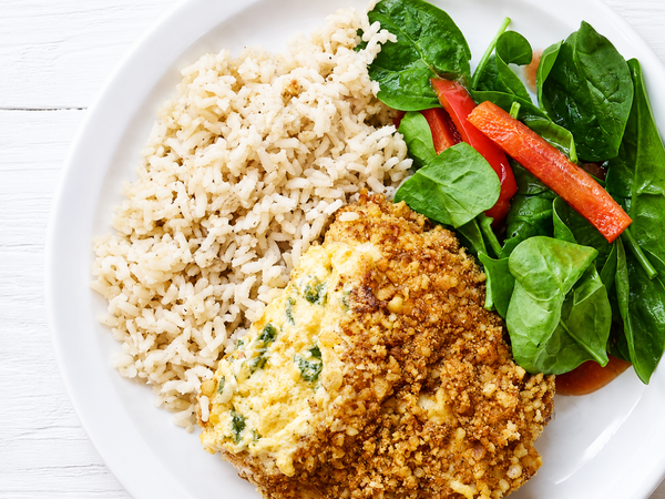 Our Famous Jalapeño-Popper Chicken with Brown Rice and a Spinach-Bell Pepper Salad with Balsamic Vinaigrette (Gluten-Free)