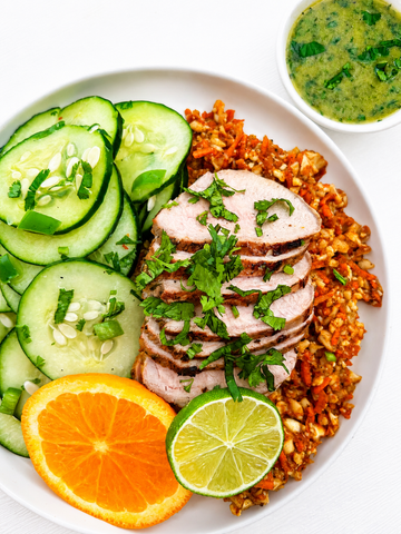 Tuesday (7/14): Cuban Mojo Marinated Pork Tenderloin with Cilantro-Lime Cucumber Salad and Zesty Cauliflower Rice + Herb-Mojo Sauce (Gluten-Free, Dairy-Free)