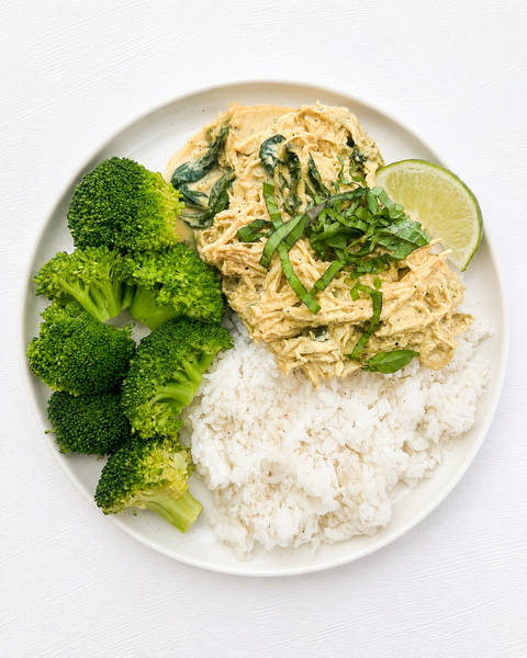 Thai Basil Chicken with Coconut-Curry Sauce, Creamy Coconut-Lime Jasmine Rice and Steamed Fresh Broccoli (Gluten-Free, Dairy-Free)