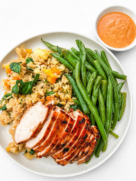 Grilled Lemongrass Chicken with Thai Basil Fried Rice & Steamed Green Beans + Yum Yum Sauce (Gluten-Free, Dairy-Free)