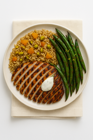 Monday (5/12): Grilled Moroccan Chicken with Yogurt Sauce, Basmati Rice Pilaf with Dried Apricots & Pistachios, and Roasted Harissa Green Beans (Gluten-Free)