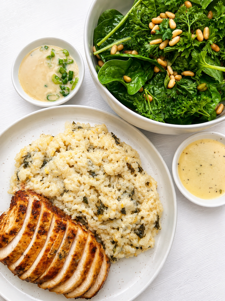 Monday (9/7): Grilled Chicken Breast with Lemon-Basil Vinaigrette, Lemon Pecorino Risotto, and a Spinach-Parsley Salad with Pine Nuts & a Tahini Dressing (Gluten-Free)