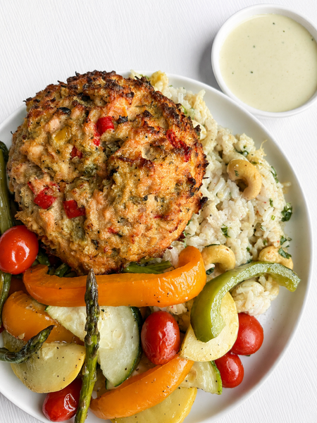 Thursday (9/10): Salmon Cakes with Key Lime Mustard, Pineapple-Coconut Cashew Jasmine Rice, and Rainbow Roasted Vegetables (Gluten-Free, Dairy-Free)