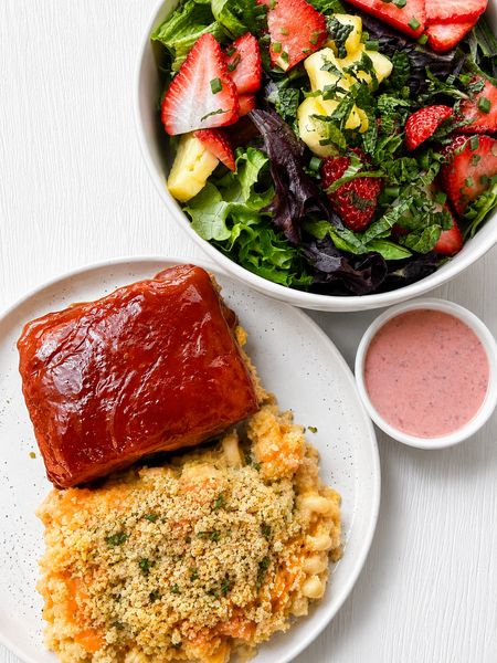 Thursday (9/10): BBQ Turkey Meatloaf with Mac & Cheese & Strawberry-Avocado Salad + Creamy Strawberry-Lime Vinaigrette