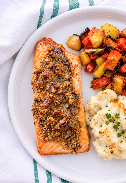 Wednesday (9/30): Pecan Crusted Honey-Bourbon Salmon, Cauliflower Goat Cheese Gratin, and Maple-Roasted Vegetables (Gluten-Free)