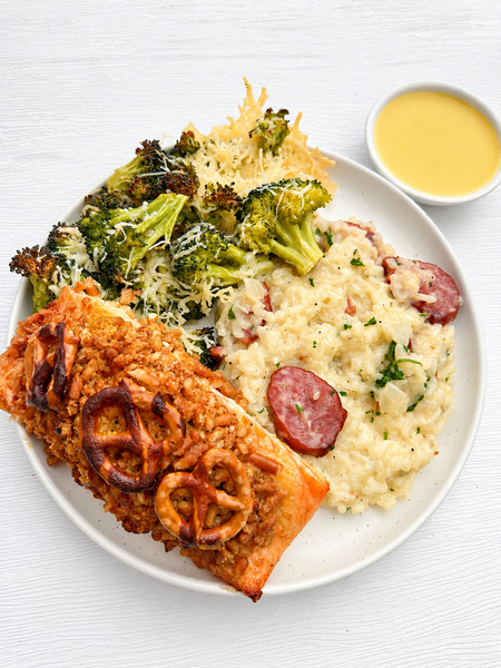 Wednesday (10/7): Honey Mustard-Pretzel Salmon, Beer Risotto with Smoked Sausage & Gouda, and Roasted Parmesan Broccoli + Honey Mustard for Drizzling
