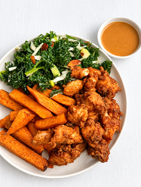 Gluten-Free Chicken Nuggets (Fast Food Fix) with "Chick" Sauce, Sweet Potato Fries and Kale Crunch Salad (Gluten-Free, Dairy-Free)