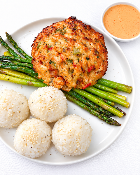 Teriyaki Salmon Cakes with Sriracha Cream Sauce, Sesame Specked Jasmine Rice Balls, and Roasted Asparagus (Gluten-Free, Dairy-Free)