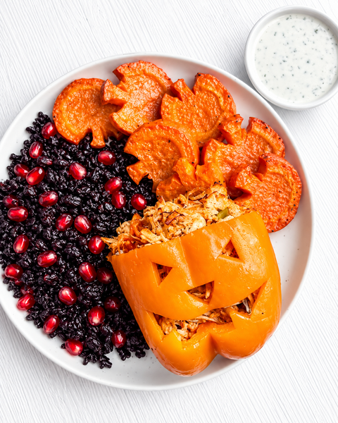 Thursday (10/29): HALLOWEEN SPECIAL: Buffalo Chicken Stuffed Jack O’ Lantern Peppers with Homemade Ranch, Honey Roasted Pumpkin-Shaped Carrots, and Wild Black Rice Specked with Pomegranate (Gluten-Free, Dairy-Free)