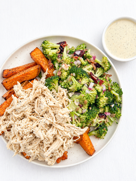 Thursday (11/5): Pulled Chicken over Sweet Potato Fries with Alabama White BBQ Sauce and our Famous Broccoli Salad (Gluten-Free, Dairy-Free)