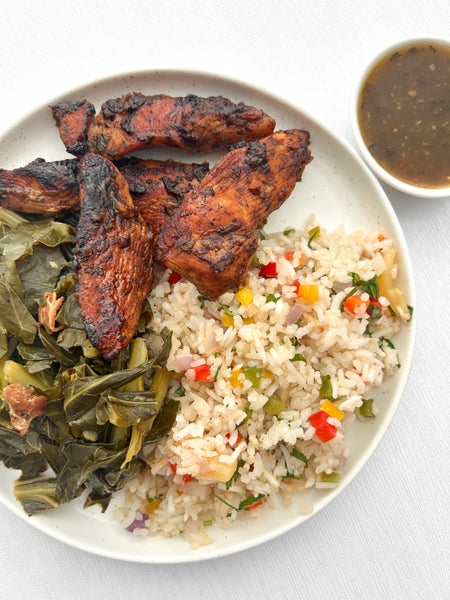 Wednesday (1/14): Jerk Grilled Chicken Tenders with Sweet & Spicy Pineapple Dipping Sauce, Caribbean Confetti Jasmine Rice and Collard Greens (Gluten-Free, Dairy-Free)