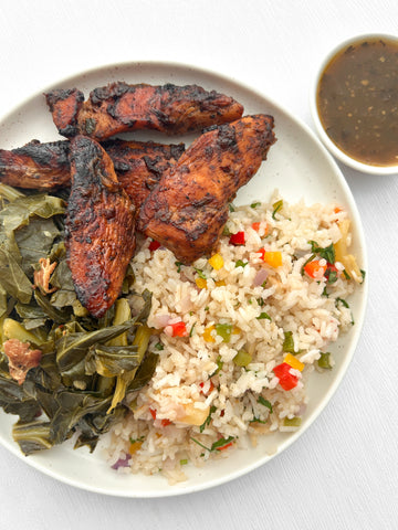 Wednesday (1/14): Jerk Grilled Chicken Tenders with Sweet & Spicy Pineapple Dipping Sauce, Caribbean Confetti Jasmine Rice and Collard Greens (Gluten-Free, Dairy-Free)