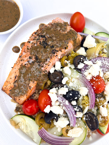 Greek Salmon Bowl with Quinoa, Fresh Veggies, Artichokes & Feta + Herbed Greek Dressing (Gluten-Free)