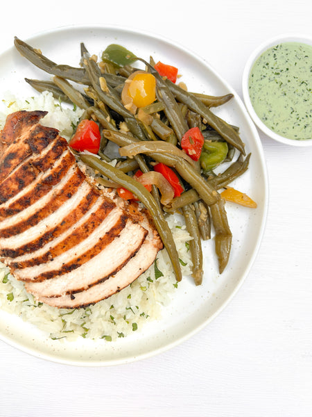 Peruvian BBQ Chicken with Green Sauce, Cilantro-Lime Jasmine Rice and Ginger-Sesame Green Beans (Gluten-Free, Dairy-Free)