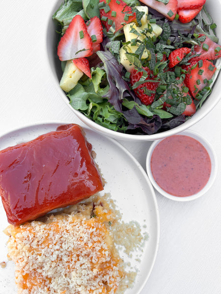 Wednesday (7/8): BBQ Turkey Meatloaf with Mac & Cheese & Strawberry-Avocado Salad + Creamy Strawberry-Lime Vinaigrette