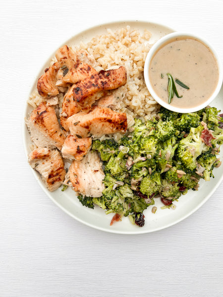 Rosemary Ranch Chicken with Brown Rice and Broccoli Salad + Rosemary-Ranch Sauce (Gluten-Free, Dairy-Free)