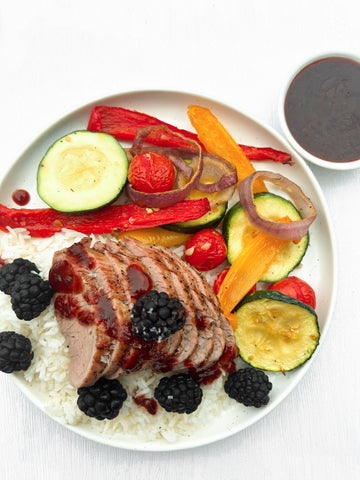 Seared Pork Tenderloin with Blackberry Chipotle BBQ Sauce, Summer Roasted Vegetables, and Jasmine Rice (Gluten-Free, Dairy-Free)