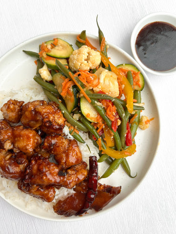 General Tso's Chicken with Coconut Jasmine Rice and Asian-Sesame Marinated Crunchy Vegetables (Gluten-Free, Dairy-Free)