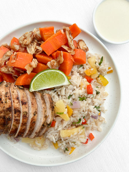 Monday (7/6): Key West Grilled Chicken with Key Lime Mustard, Caribbean Confetti Jasmine Rice, and Pineapple-Ginger Glazed Carrots (Gluten-Free, Dairy-Free)