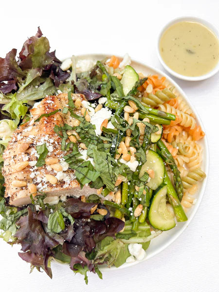 Grilled Chicken with Lemon-Basil Vinaigrette, Lemony Spring Pasta Salad, and Spring Mix Lettuce