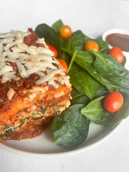 Sweet Potato Lasagna with a Spinach-Cherry Tomato Salad and Homemade Balsamic Vinaigrette (Gluten-Free, Dairy-Free)