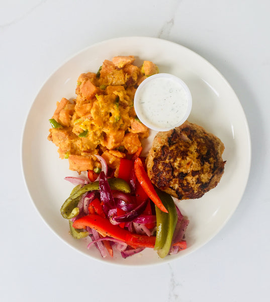 Buffalo Turkey Burgers with Homemade Ranch, Sweet Potato Bacon Salad, and Fajita Vegetables (Gluten-Free, Dairy-Free)