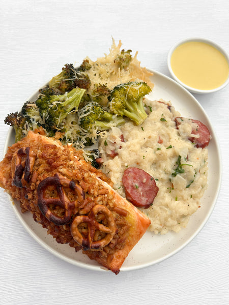 Thursday (5/15): Honey Mustard-Pretzel Salmon, Beer Risotto with Smoked Sausage & Gouda, and Roasted Parmesan Broccoli + Honey Mustard for Drizzling